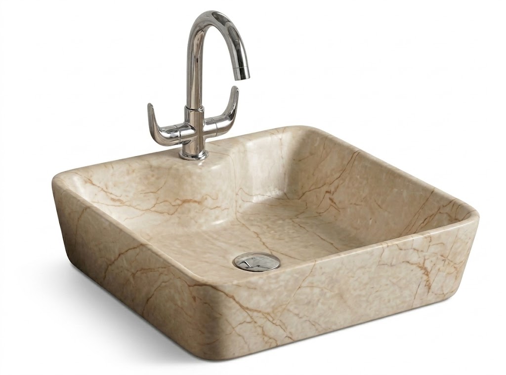 Beige Marble Square Tabletop Wash Basin — image 1