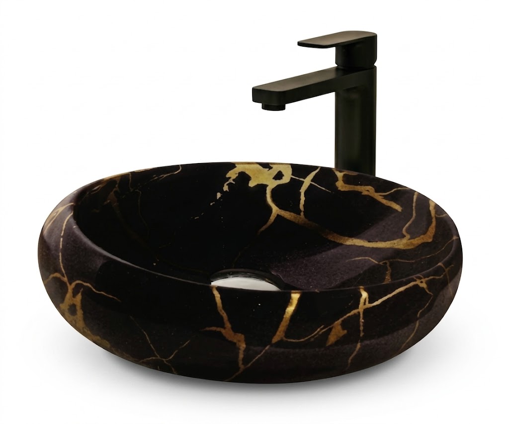 Black Marble Gold Vein Round Tabletop Wash Basin — image 1