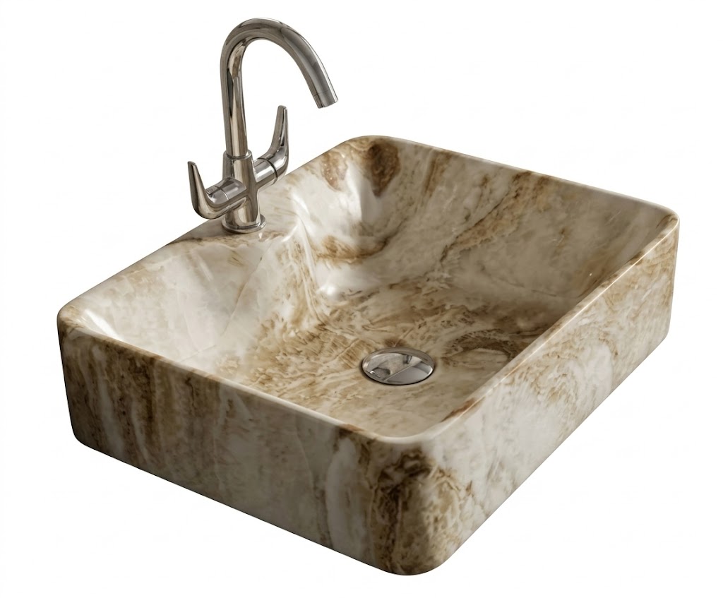 Brown Beige Marble Square Tabletop Wash Basin — image 1