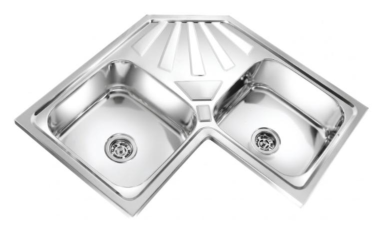Corner Double Bowl Stainless Steel Kitchen Sink with Drain Board — image 1