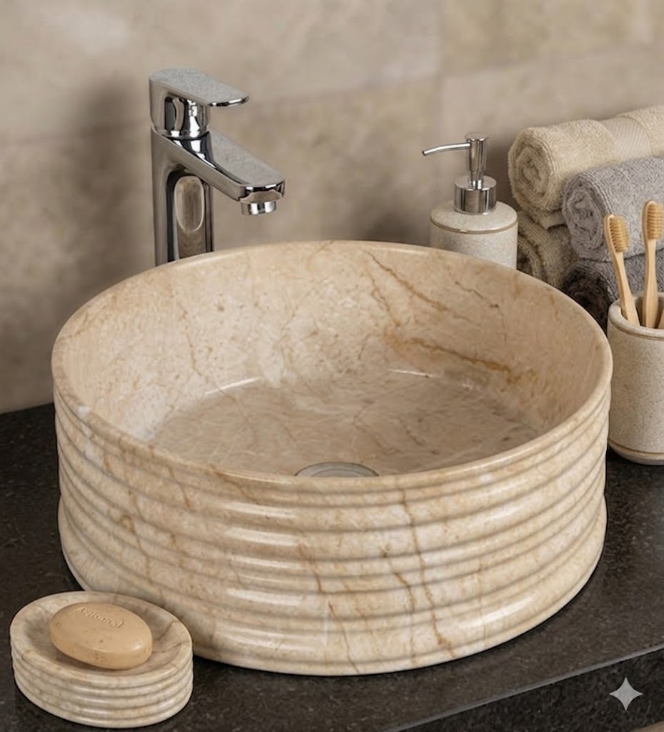 Cream Stone Vessel Round Bathroom Wash Basin — image 1