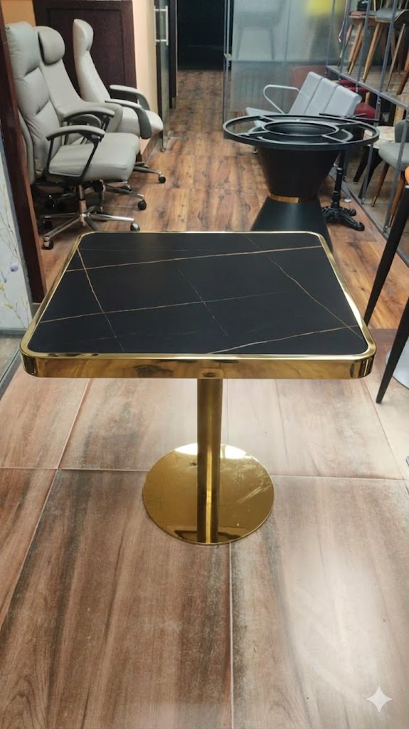 Luxury Marble Finish Square Dining Table with Gold Pedestal Base — image 1