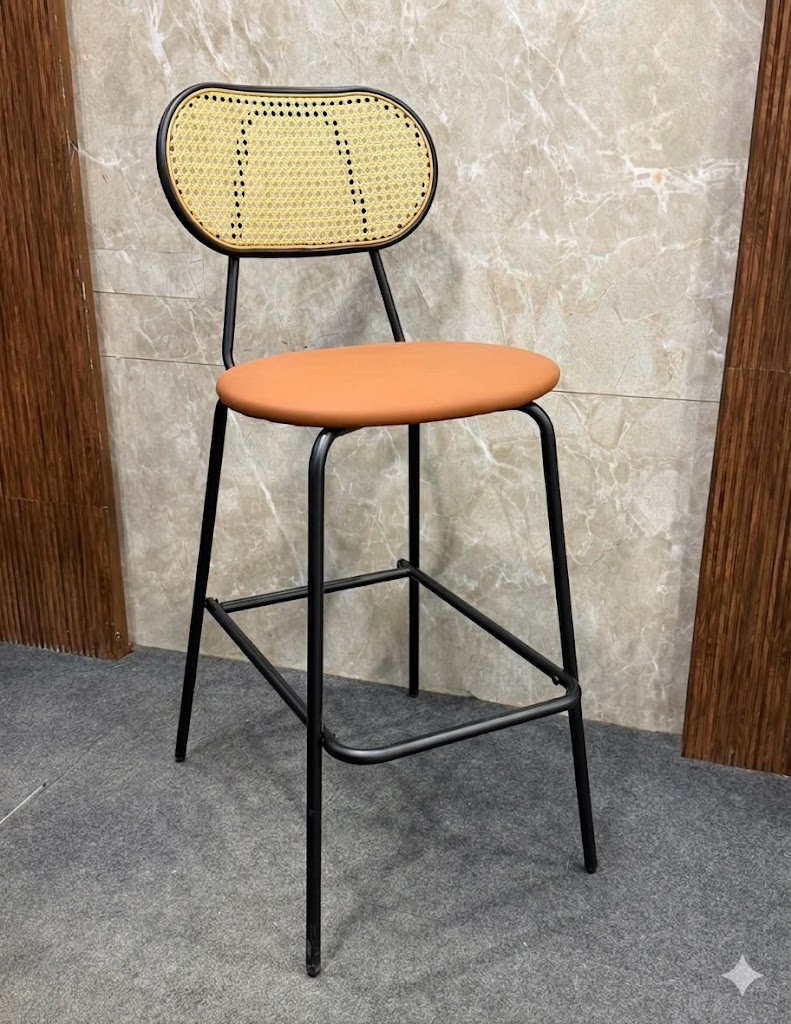 Modern Cane Back Bar Stool with Cushioned Seat — image 1