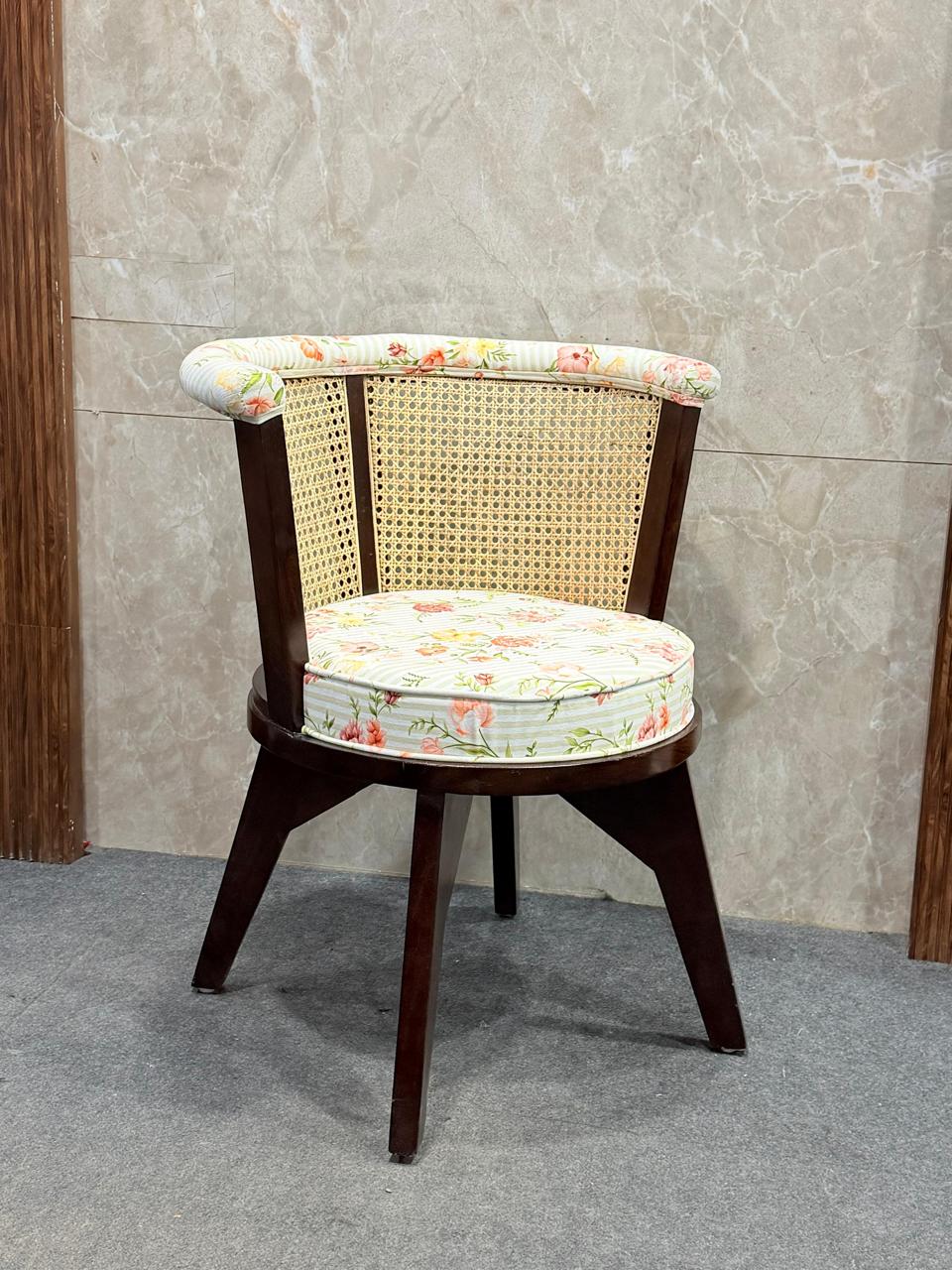 Vintage Cane Barrel Accent Chair with Floral Upholstery — image 1