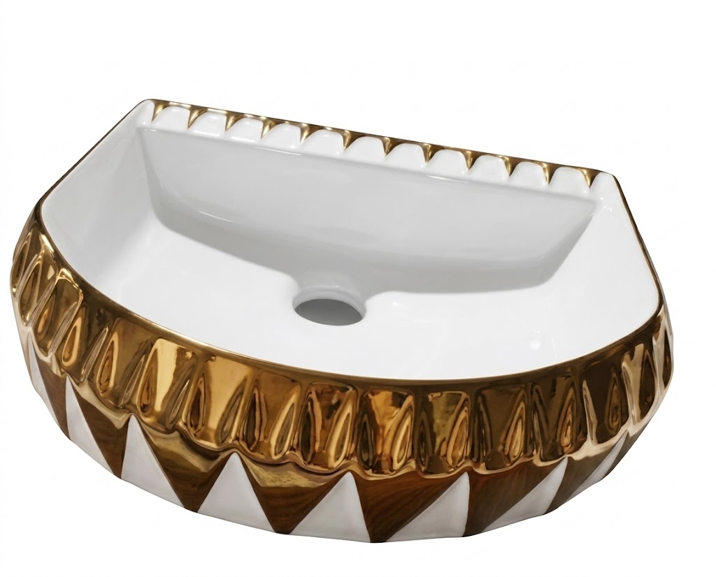 White & Gold Glossy Finish Table Top Basin — image 1