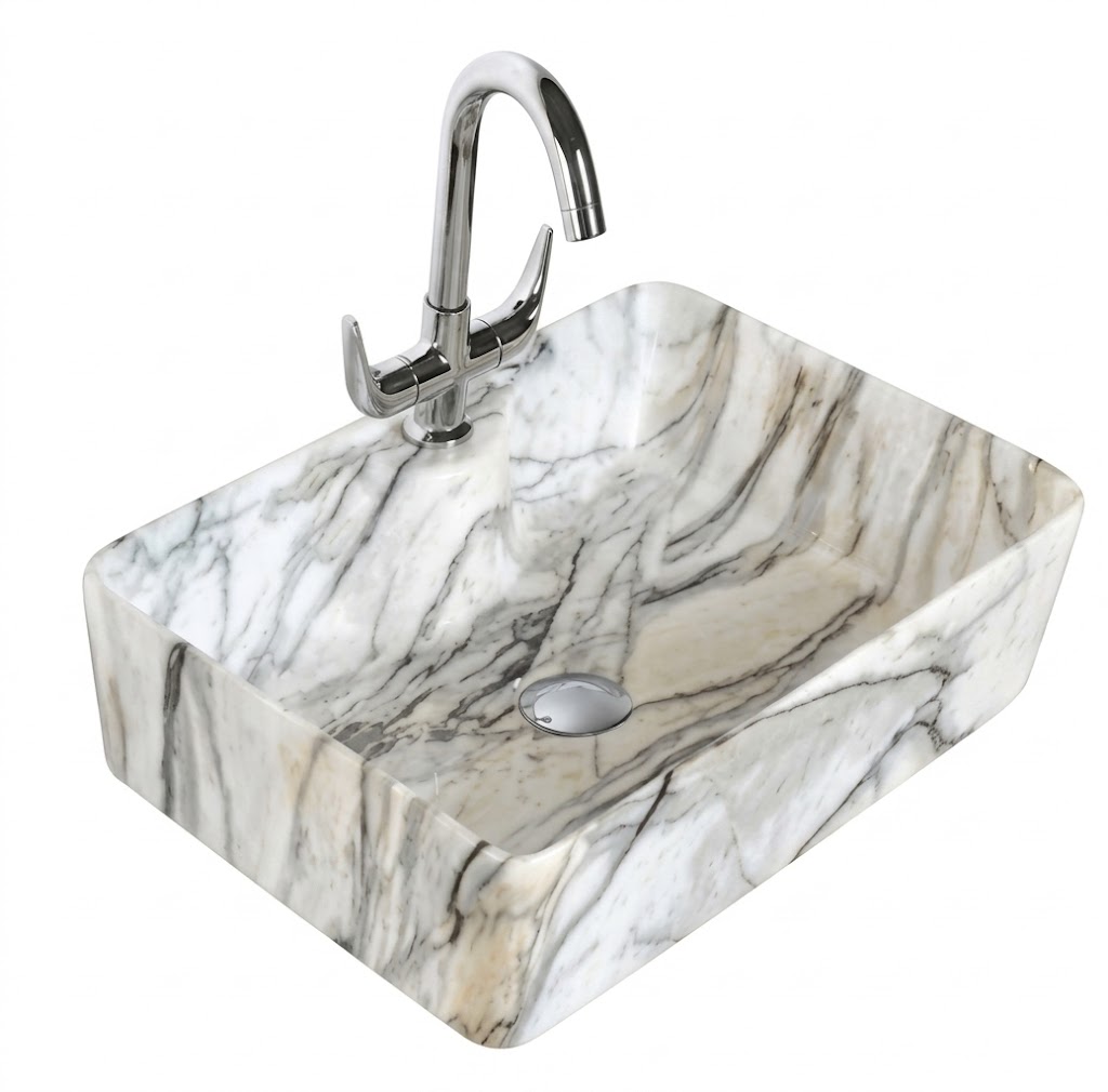 White & Grey Marble Square Tabletop Wash Basin — image 1