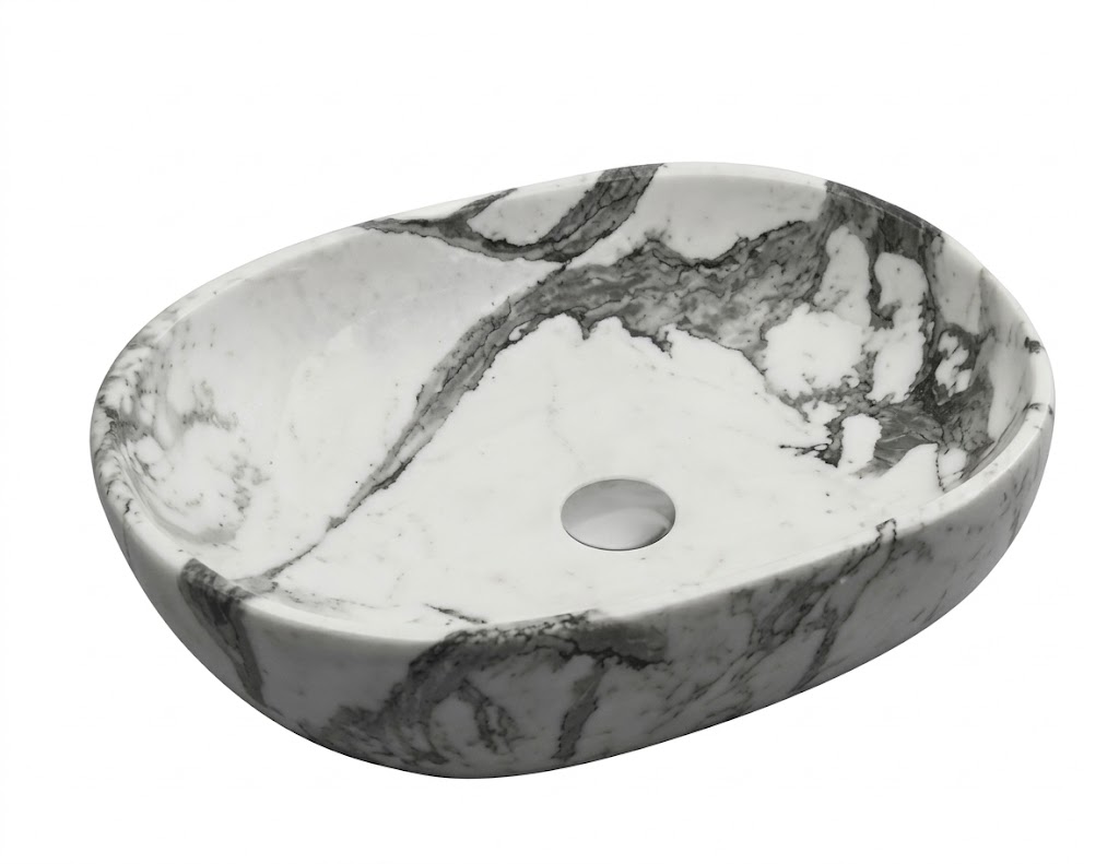 White Marble Black Vein Round Tabletop Wash Basin — image 1