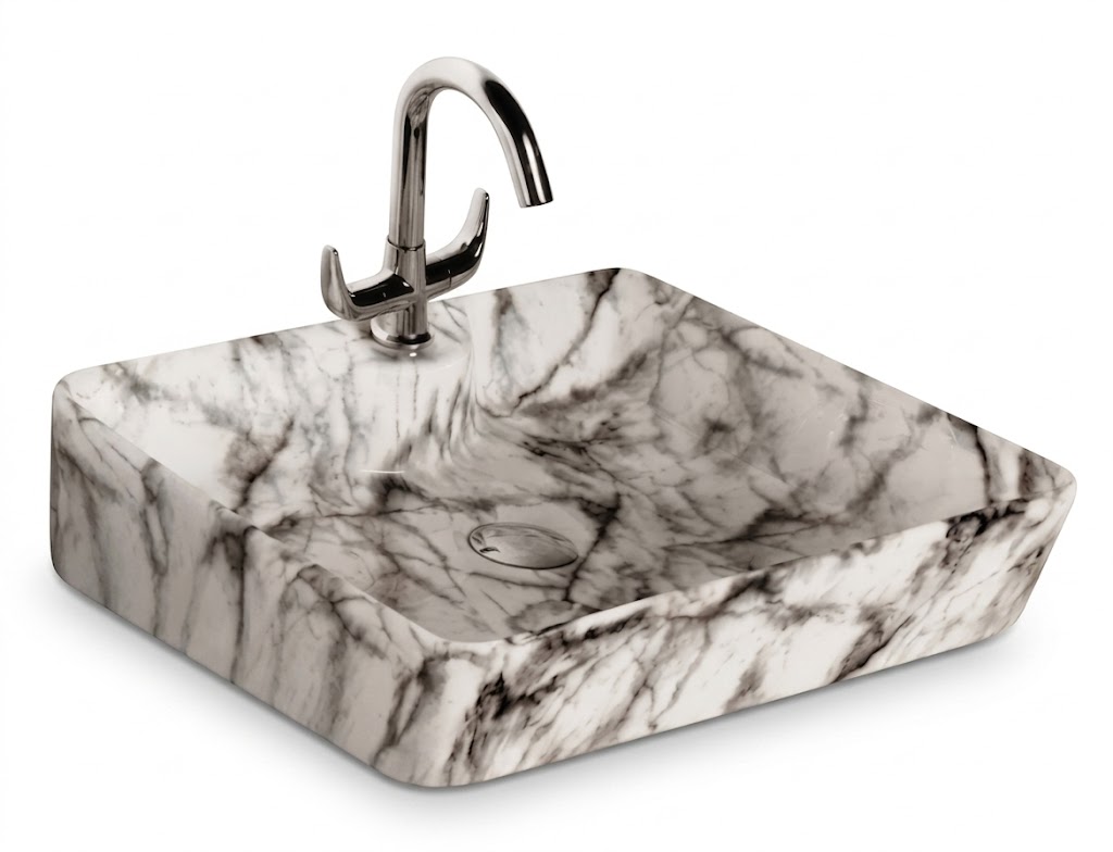 White Marble Black Vein Square Tabletop Wash Basin — image 1