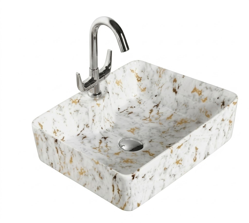White Marble Gold Vein Square Tabletop Wash Basin — image 1