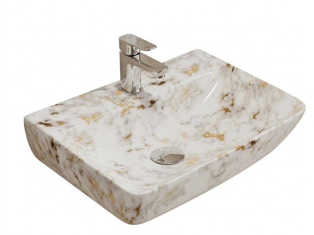 White Marble Gold Vein Wall Hung Wash Basin — image 1